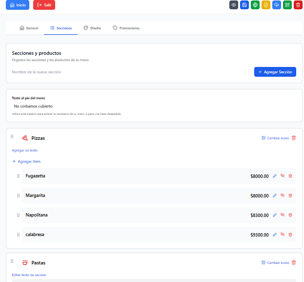 Captura del panel real de Prontoweb: solapa Secciones, lista de categorías y edición de productos